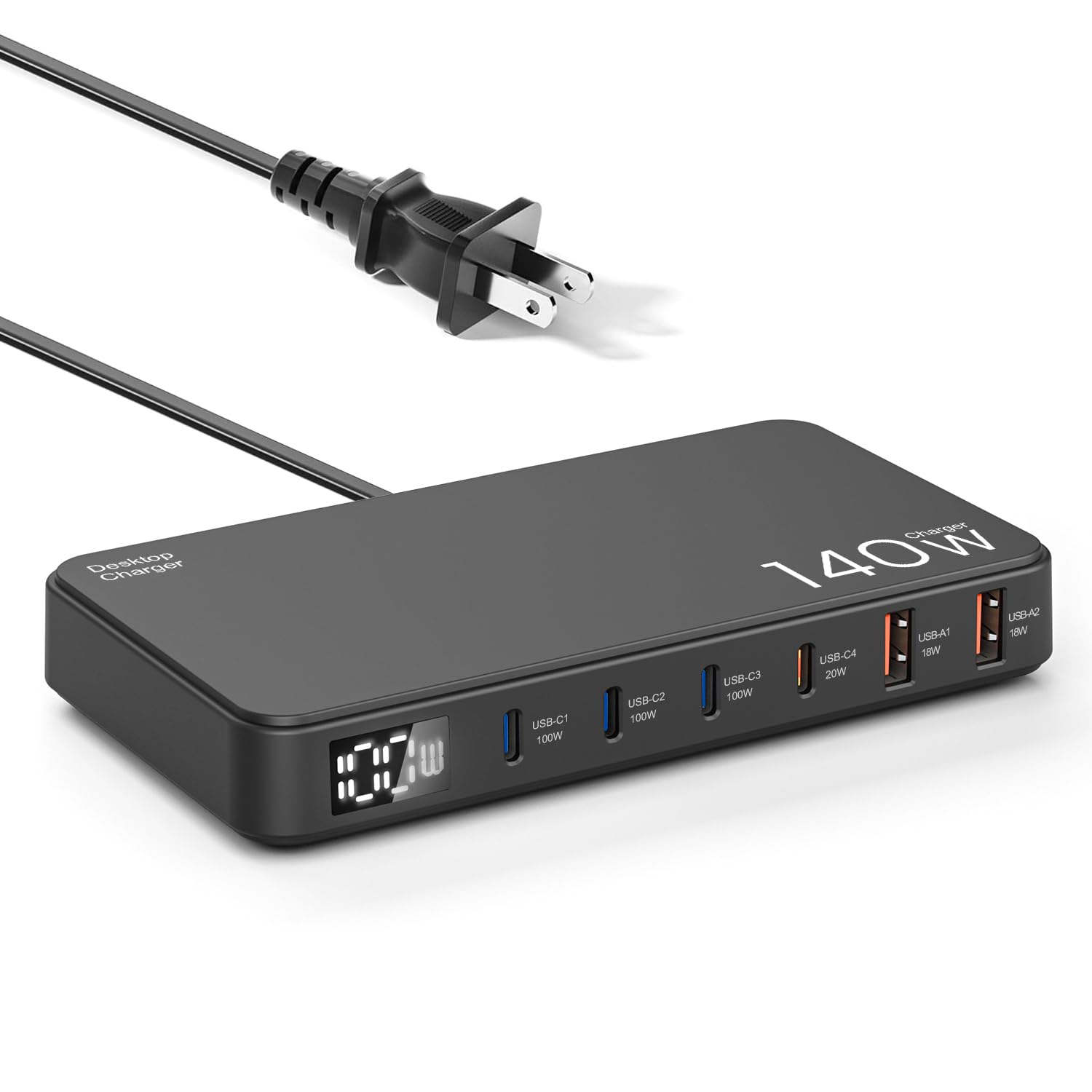 

140 Вт USB Швидкий Зарядний Пристрій Порти: 100 Вт x 3, 20 Вт x 1 (з PPS) PSE Одночасний Зарядний Пристрій для ПК, Ноутбука, Смартфона Сумісний з та Багатьма Іншими Зарядними Пристроями, Тип-C, 6-Портовий чорний