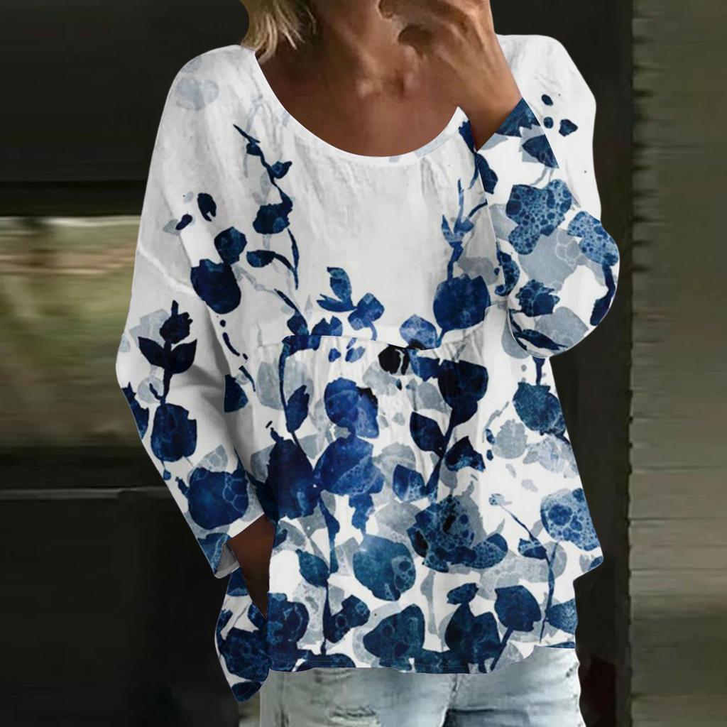 Damen Casual Mode Locker Rundhals Blumenmuster Langarm Oberteil
