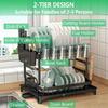 Rustproof Black 2 Tier Dish Drying Rack Metal Drainboard Kitchen Organizer Utensil Cup Holder Multifunctional Space Saving