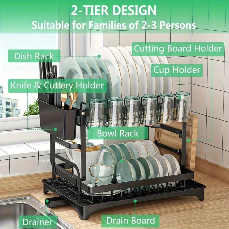 Rustproof Black 2 Tier Dish Drying Rack Metal Drainboard Kitchen Organizer Utensil Cup Holder Multifunctional Space Saving