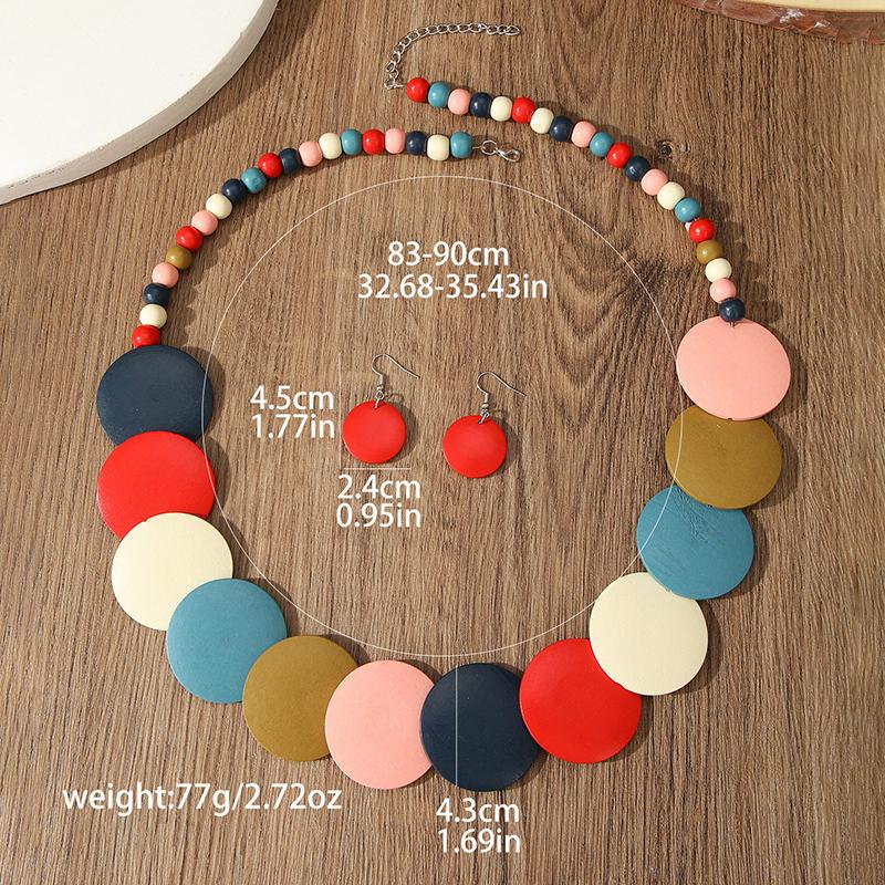 Nuovo Set di Gioielli Collana e Orecchini in Perline di Legno Rotonde Geometriche Colorate Bohemien per Accessori Festa Vacanza Donna