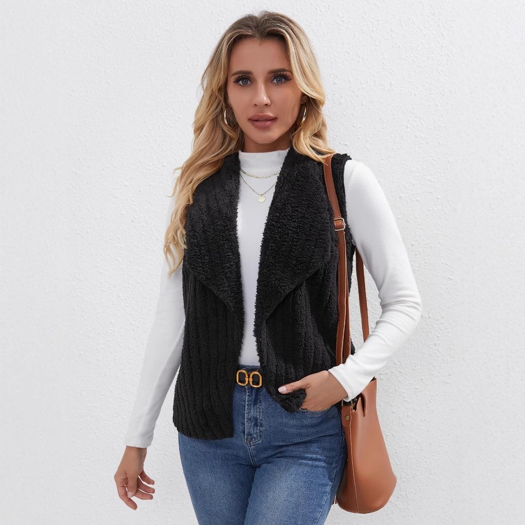 

2024 Осень/Зима Элегантный женский плюшевый жилет - Универсальная европейская и американская мода S чёрный