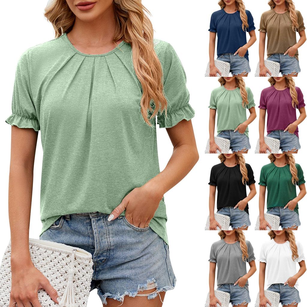 Ladies Casual Fashion Sexy Round Neck Pleated Puff Sleeve T-Shirt
