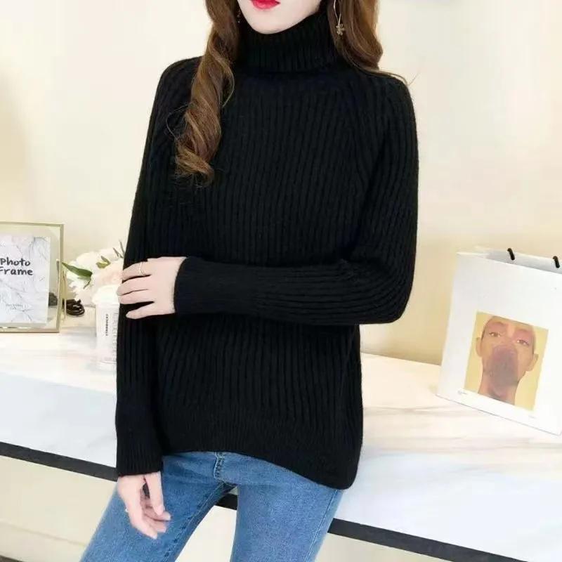 Women's Sweater High Neck Knitted Top Autumn Casual Women Sweaters Solid Loose Warm Knitwears