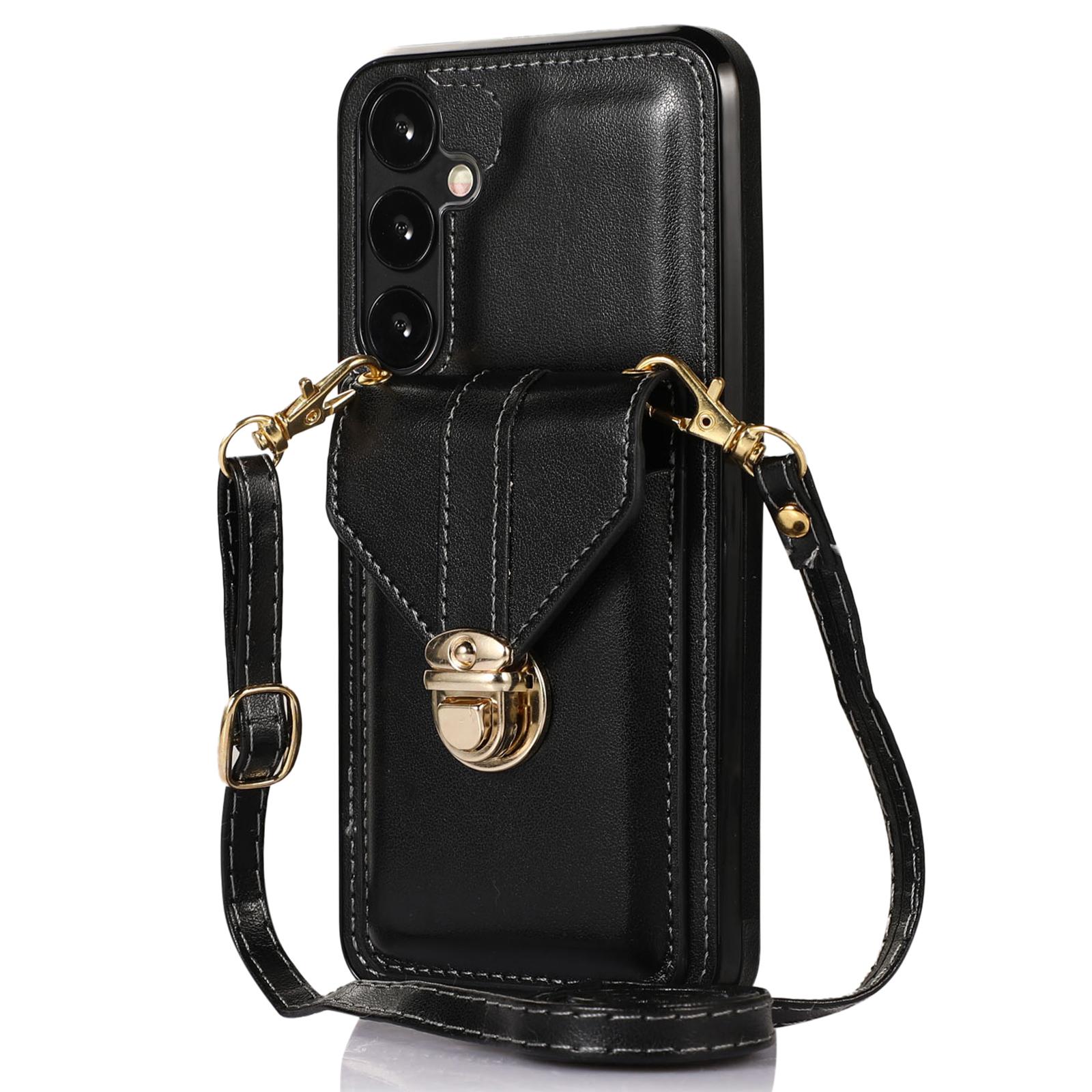 

For Samsung Galaxy A36 5G Case Card Holder Kickstand PU Leather+TPU Phone Cover with Shoulder Strap Black