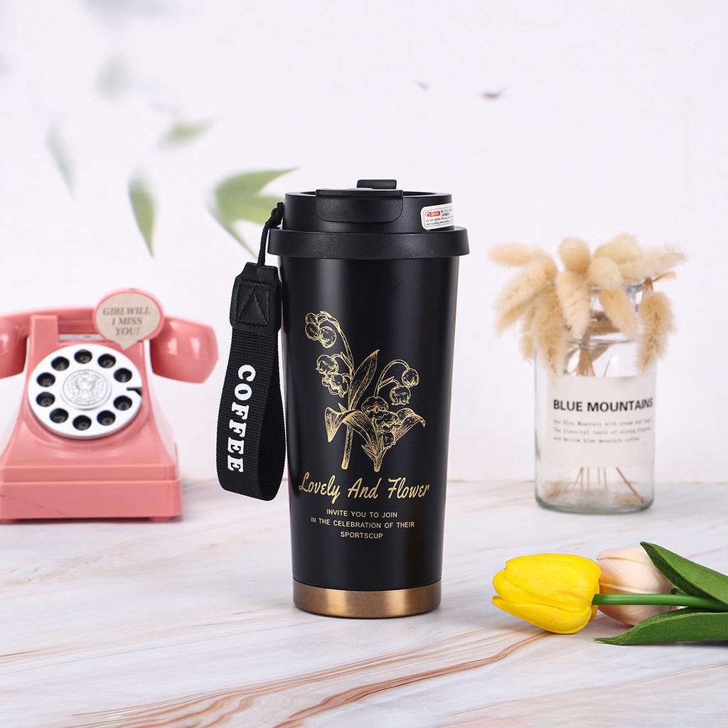 Water Bottle Stainless Steel Lily of the Valley Coffee Cup Double Printing Portable Straw Water Cup Thermos Cup Water Cup