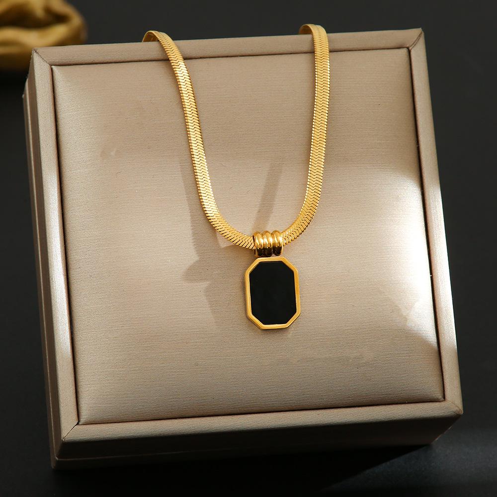 Black Rectangular Pendant Necklace for Women - Niche Design, Full Titanium Steel, Gold-Plated Clavicle Chain