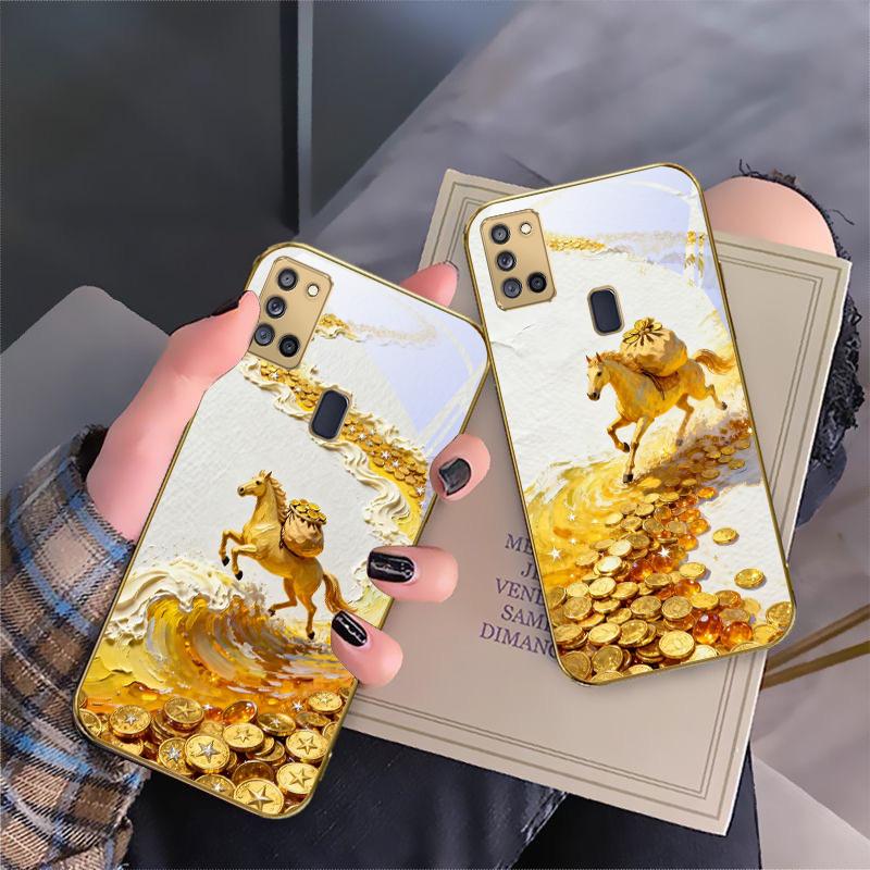 Golden Galloping Horse For Samsung A 31 32 A33 A34 35 14 A15 13 A16 25 26 50 52 53 54 55 56 70 71 72 73 Golden Glass Phone Case