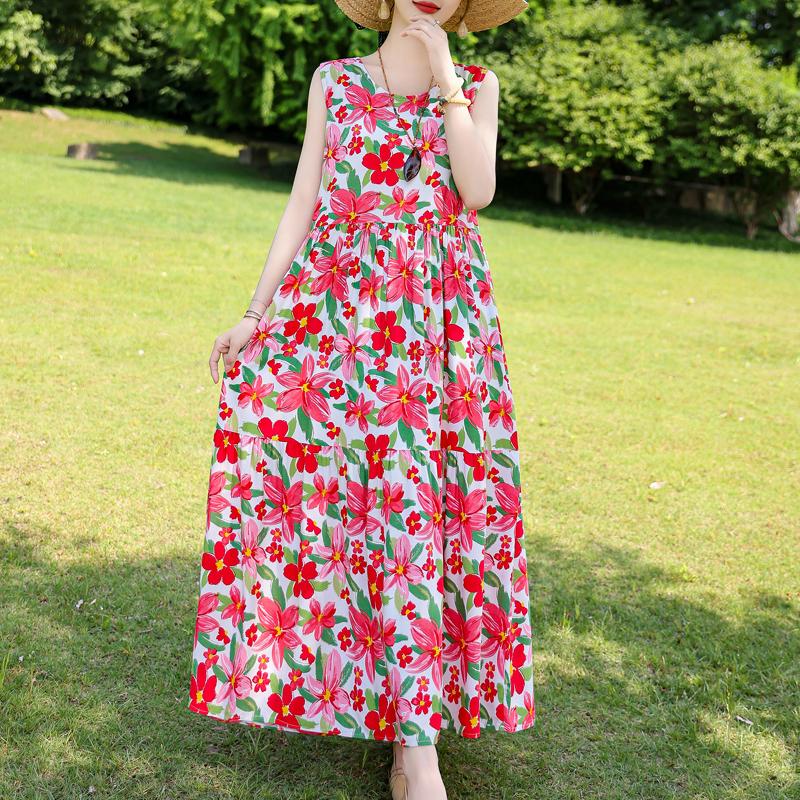 Elegant Sleeveless Dress for Women Plus Size Short Sleeve Vintage Print Long Dress Summer Casual Middle-aged Women's Clothing