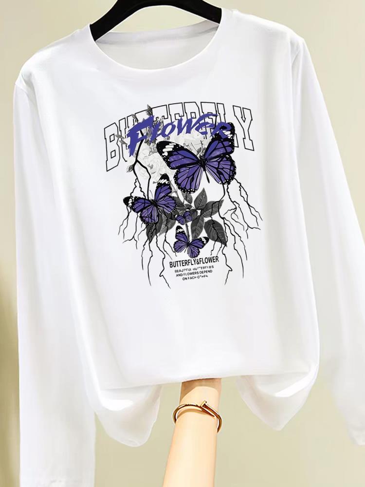 (Asian Size) butterfly cute o-neck Graphic Print T Shirt Women Clothing Tee autumn winter spring Casual Fashion Top Long Sleeve T-shirts