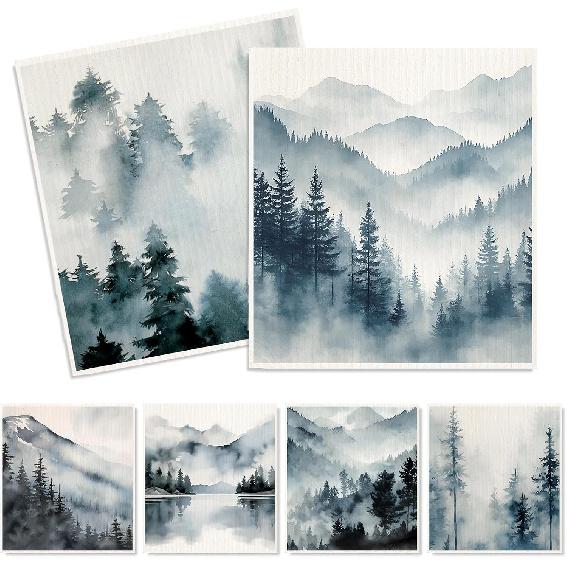 Whaline 6Pcs Dusty Blue Forest Swedish Dishcloths Cotton Kitchen Towels Reble Absorbent Mountain Forest Dish Towels for Home Party Housewarming