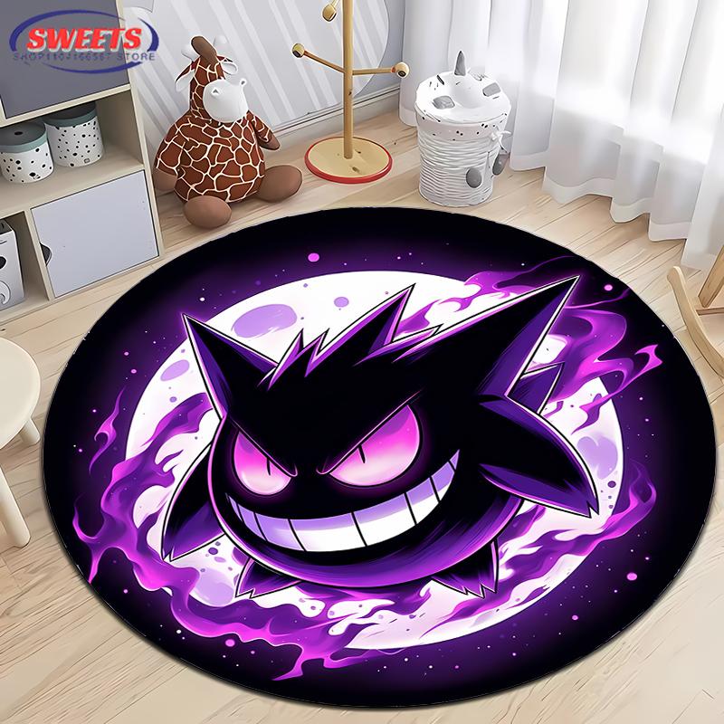 Pokemon Gengar Druck Runder Teppich, Kinderzimmer Bodenmatte Rutschfest Wohnzimmerteppich, Waschbarer Teppich für Heimdeko Geschenk Potdemiel