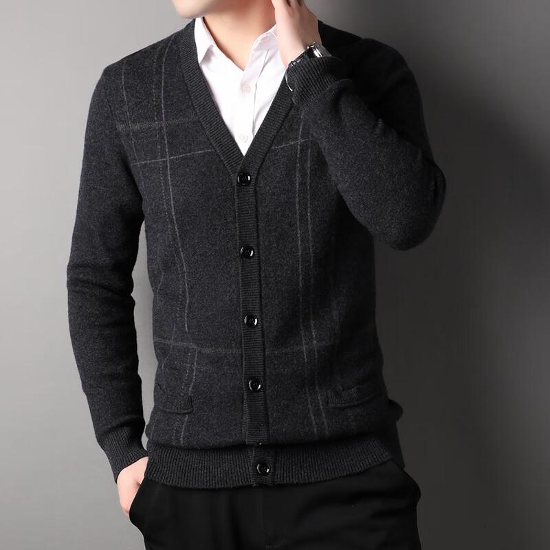 Fengxun Men's 100% Wool V-Neck Cardigan Sweater