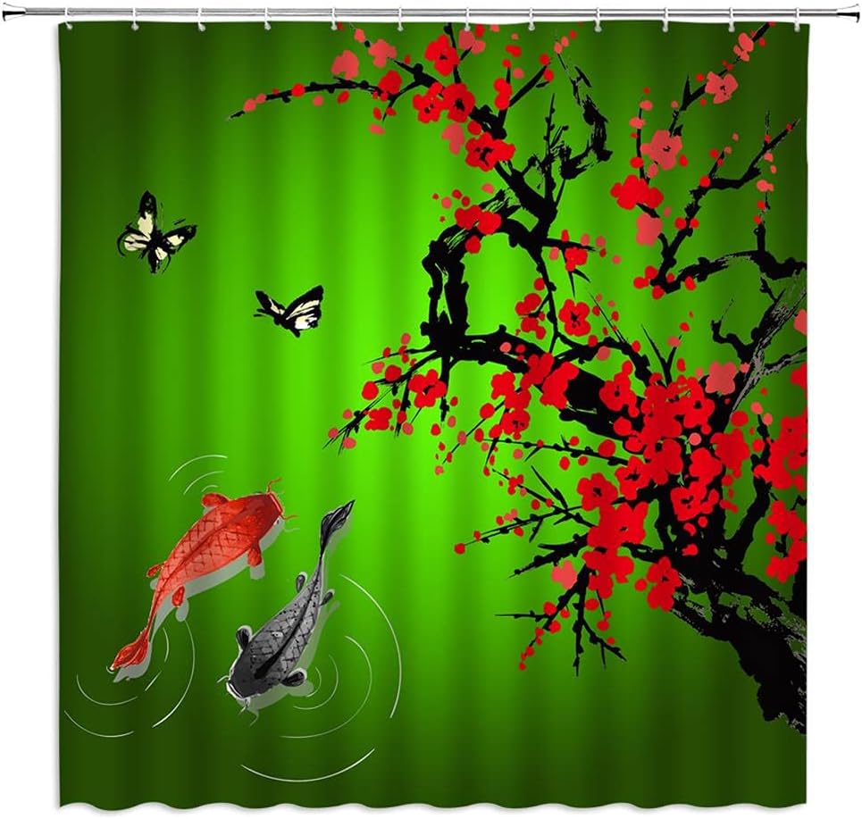 

Red Cherry Blossom Shower Curtain Asian Japanese Flower Branch Koi Fish Oriental Antique Chinese Ink Painting Landscape Bathroom W60H190(CM)-1 Pcs