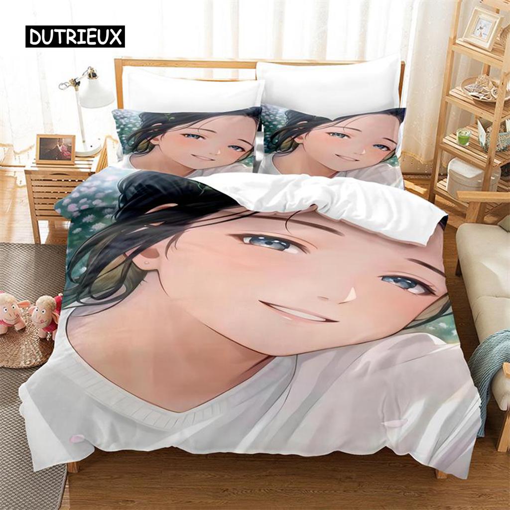 Zestaw pościeli Anime Girl Zestaw poszwy na kołdrę Pościel 3D Druk cyfrowy Pościel Rozmiar Queen Zestaw pościeli Projekt mody