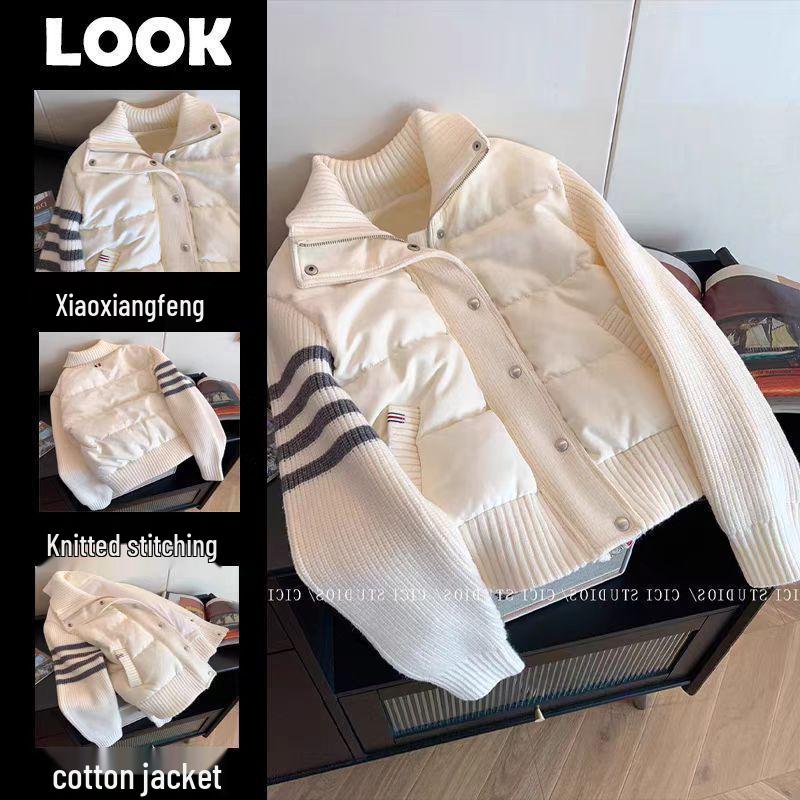 2025 Women's Fashionable Quilted Knit Patchwork Jacket - Lightweight, Warm Cotton-padded Coat with Stand Collar for Spring, Autumn, and Winter