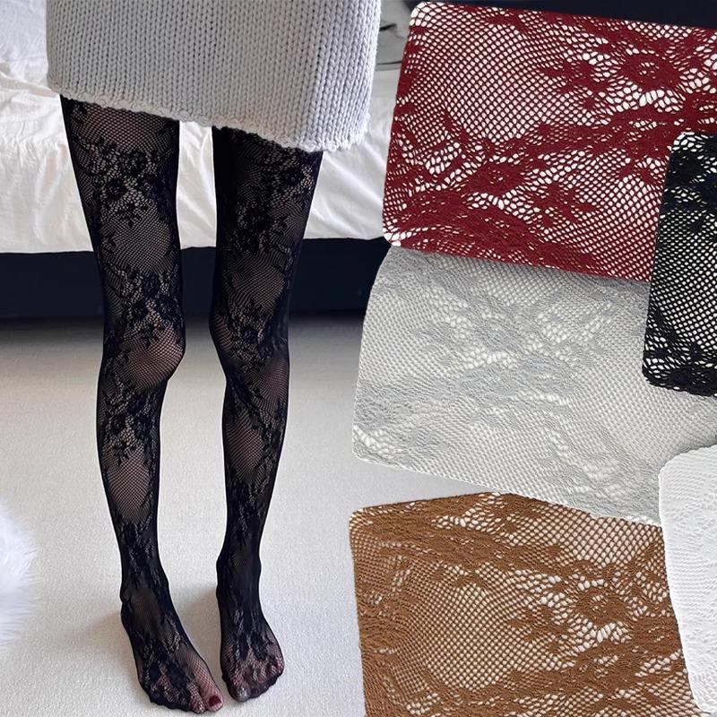 2026 Retro Floral Lace White Black Stockings Korean Sexy Hollowed Out Lace Mesh Stockings with Bottom Pantyhose for Women Tights