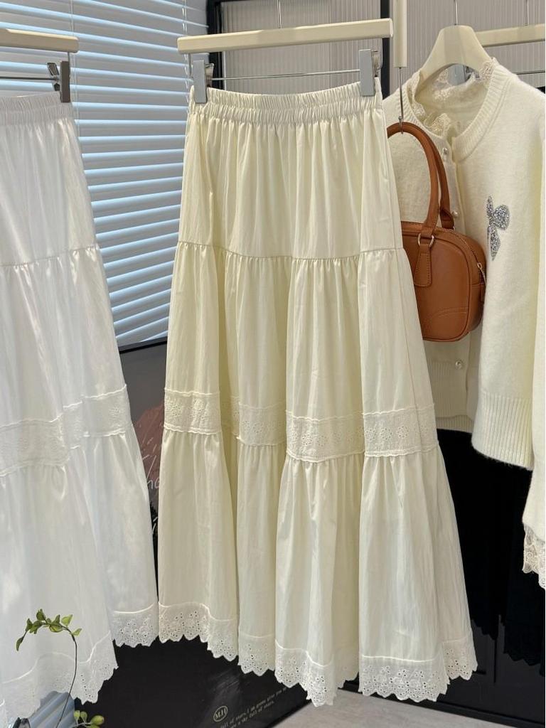 2026 Spring Korean Style Sweet Slimming A-Line Lace Patchwork Layered Cake Skirt