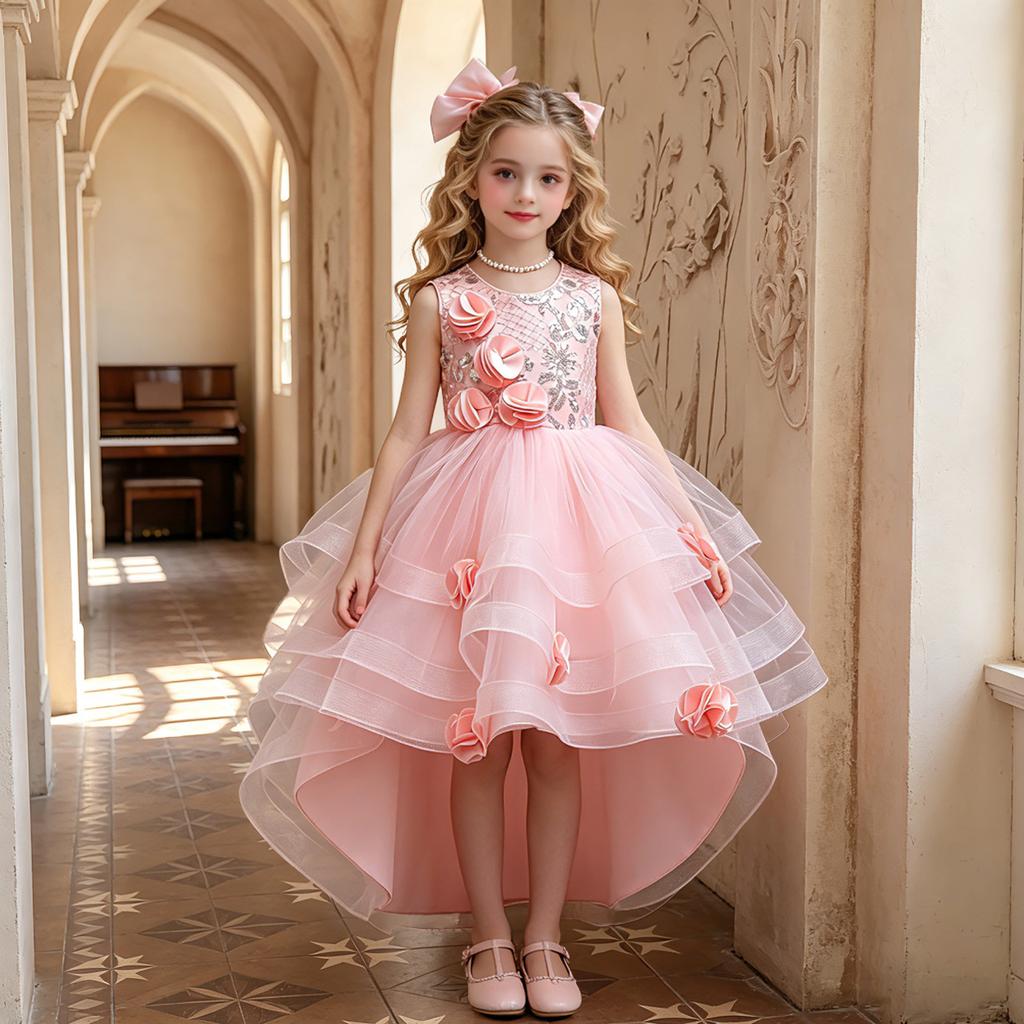 Abiti da cerimonia per bambine, abiti stile principessa con strascico, outfit da passerella per bambine, outfit da hostess, outfit per recital di pianoforte, gonne in tulle, abiti da sera