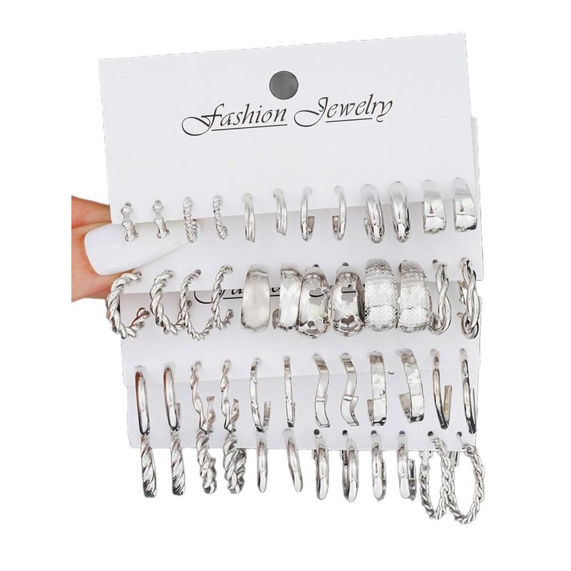 Hong Kong Style Trendy Silver Pigment Ring Earrings Niche High-Grade Ear Studs Women Light Luxury 24 Pairs Set Earrings Western Style