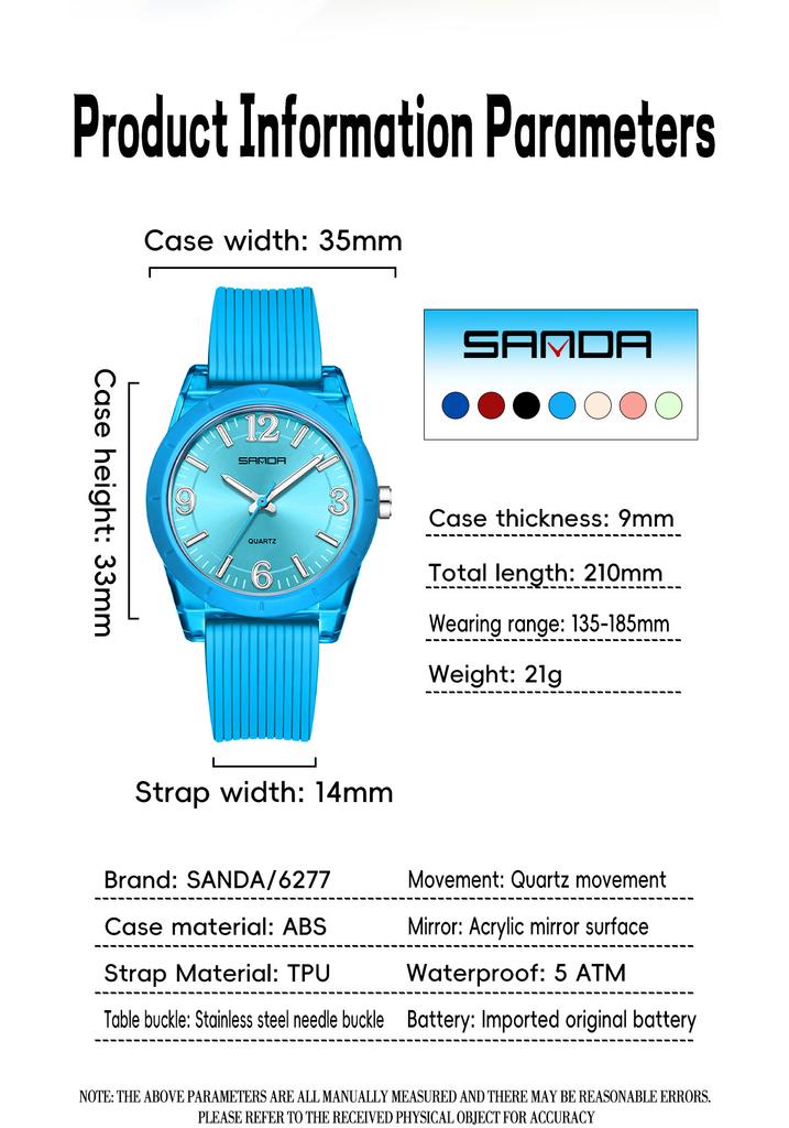 SANDA Top Brand 6277 Transparent Case Children's Quartz Watch Waterproof Night Light Leisure Student Quartz Watch