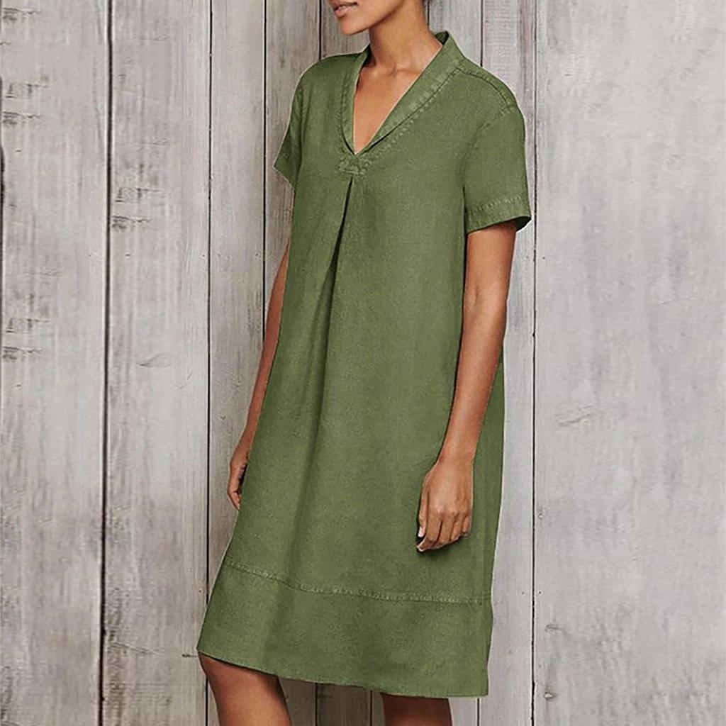 Women's Summer Casual Midi Short Sleeve Dresses Solid Color V-Neck Beach Vacation Dresses