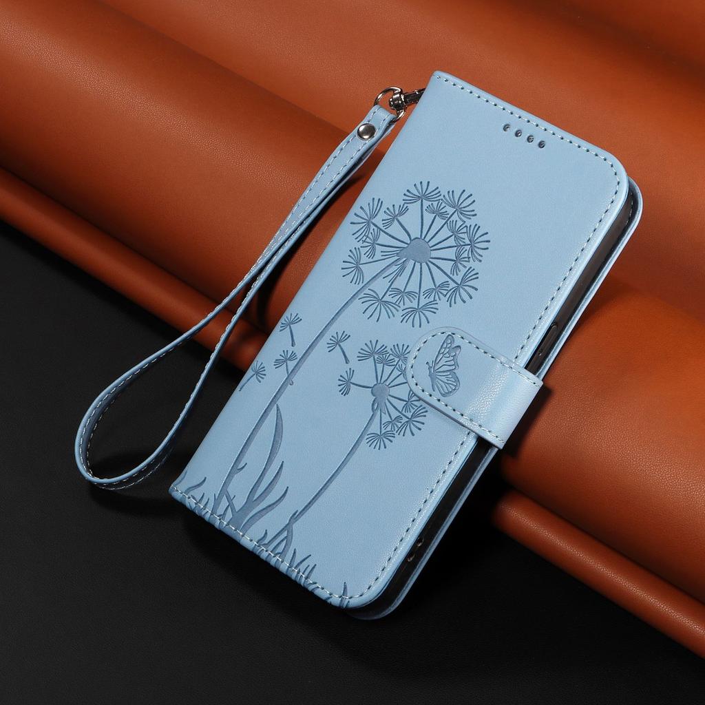 Leather Wallet Flip Case For OPPO A57S A77 A15 A15S A16 A16S A54S A17 A96 4G 5G Dandelion Embossed Design, Card Slots, Wrist Strap