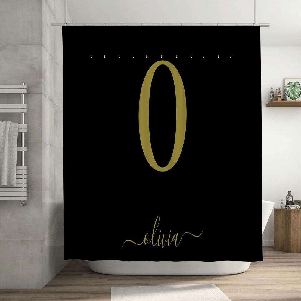 Schwarzer Badezimmer-Duschvorhang Mit Name Und Großer Zahl Für Moderne Wohnkultur Luxuriöser Individueller Druck Wasserdicht Fa