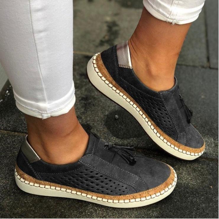 Foreign Trade Wish New Women's Shoes Hollow Large Size Fringed Round Head Two-color Splicing Stitching Casual  Shoes