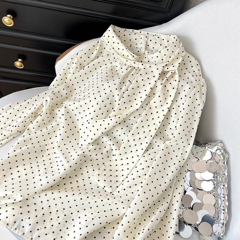 

Уникальный дизайн, шикарная блузка в горошек с длинным рукавом, женская новинка 2025 года, высококлассный облегающий универсальный и тонкий топ XXXL [Recommended 138-75kg] белый