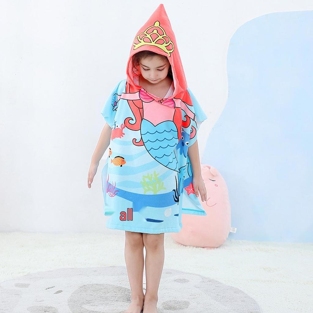 Ultra-Fine Fiber Cartoon Print Kids' Hooded Bath Towel Poncho