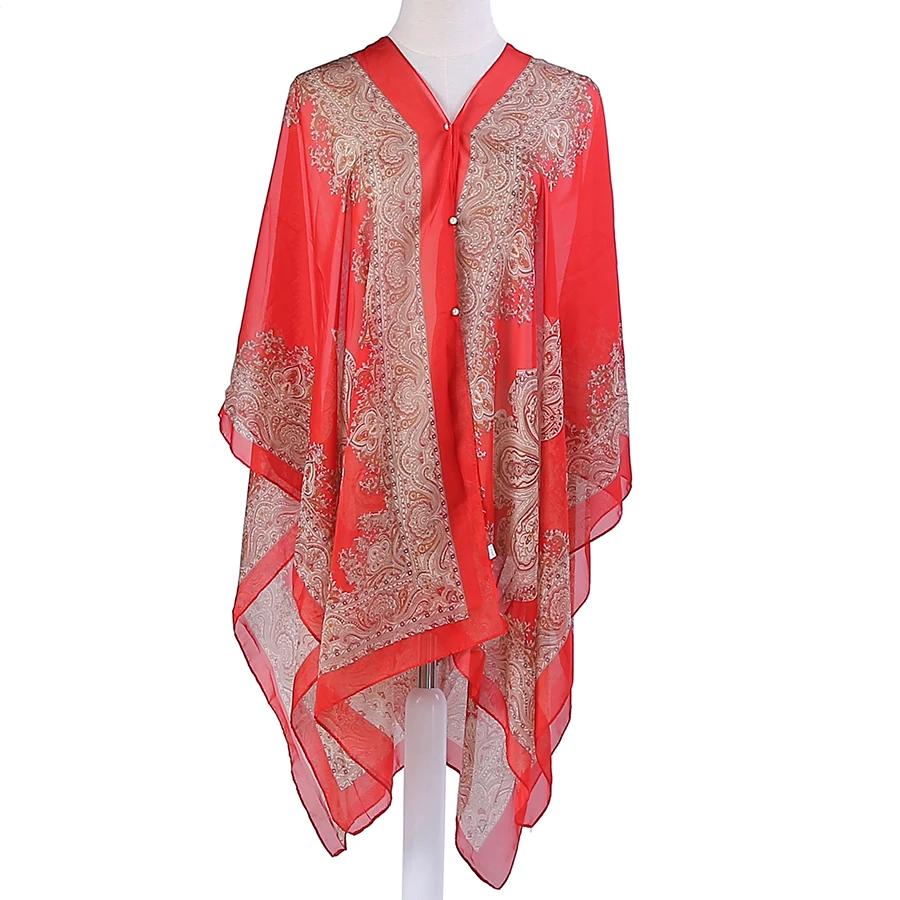 Sun Protection Shawl for Women, Cashew Flower Chiffon Silk Scarf, Versatile Slit Beach Towel, Pearl Scarf
