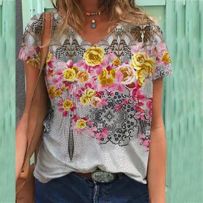 Floral Print T-shirt V-neck Print Women's Short Sleeved T-shirt Top