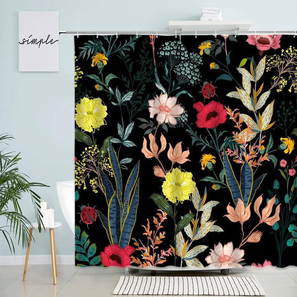 Plant Flowers Shower Curtains Pink Rose Butterfly Dandelion Simple Floral Black Bath Curtain Modern Print Fabric Bathroom Decor