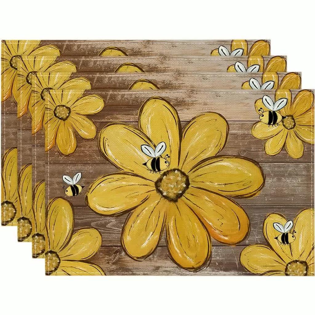 4pcs Wood Bees Flowers Floral Summer Placemats Set of 4,12x18 Inch Seasonal Spring Table Mats for Party Kitchen Dining Decoration