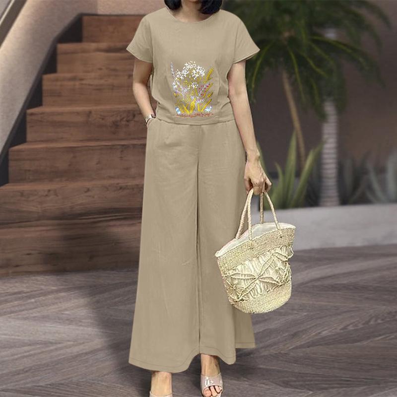 

ZANZEA Женская блузка с коротким рукавом и вышивкой и брюки Летние костюмы-двойки L хаки