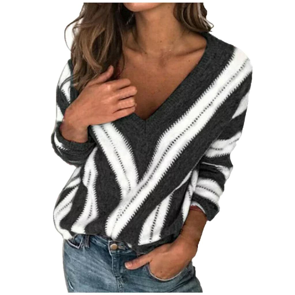 Dámský módní svetr s výstřihem do V, dlouhým rukávem a pruhy, pletený, ležérní pulovr