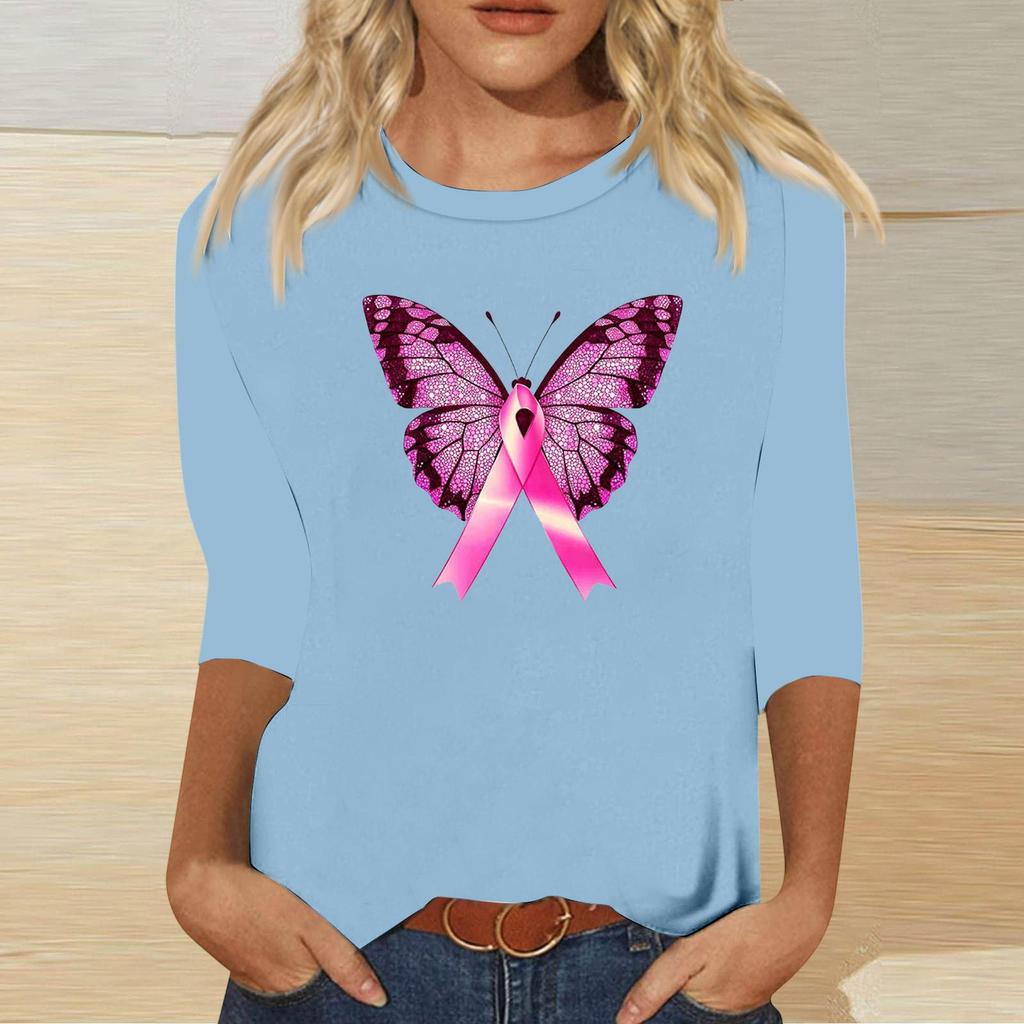 Women's Breast Casual Top with 3/4 Sleeves Round Neck Loose Fit Printed Ribbon Heart Butterfly Pattern for Daily Wear