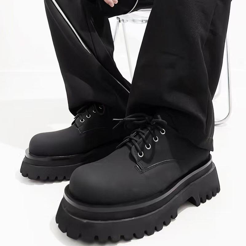 Fashion Round Toe Lace-Up Derby Shoes Women/men 2025 Spring New Casual Black Heightening Leather Shoes Platform Microfiber Leather Shoes