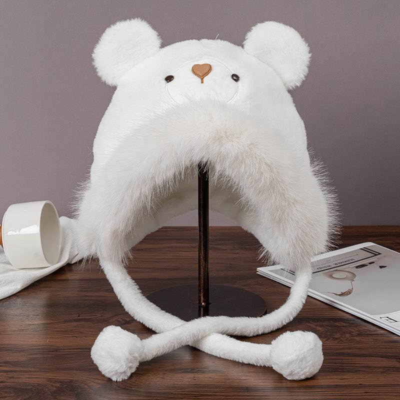 Autumn and Winter Korean Version of Cute Bear Plush Hat for Women Thickened Warm Windproof Ear Protection Lei Feng Hat Showing Face Small Hood