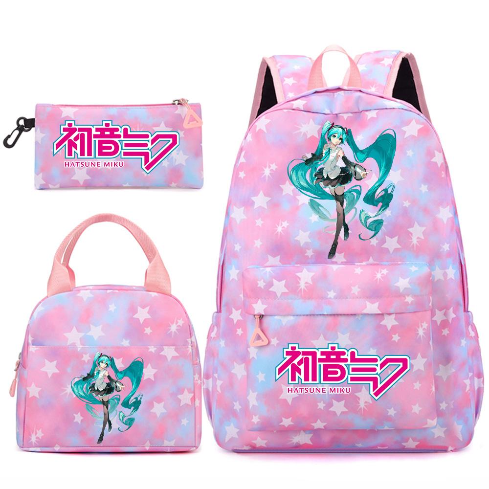 3 Stück/Set Anime Cartoon Hatsune Miku Bedruckter Rucksack Handtasche Federmäppchen für Teenager Schüler Mädchen Jungen Große Kapazität Wasserdicht Schultasche Reisetasche