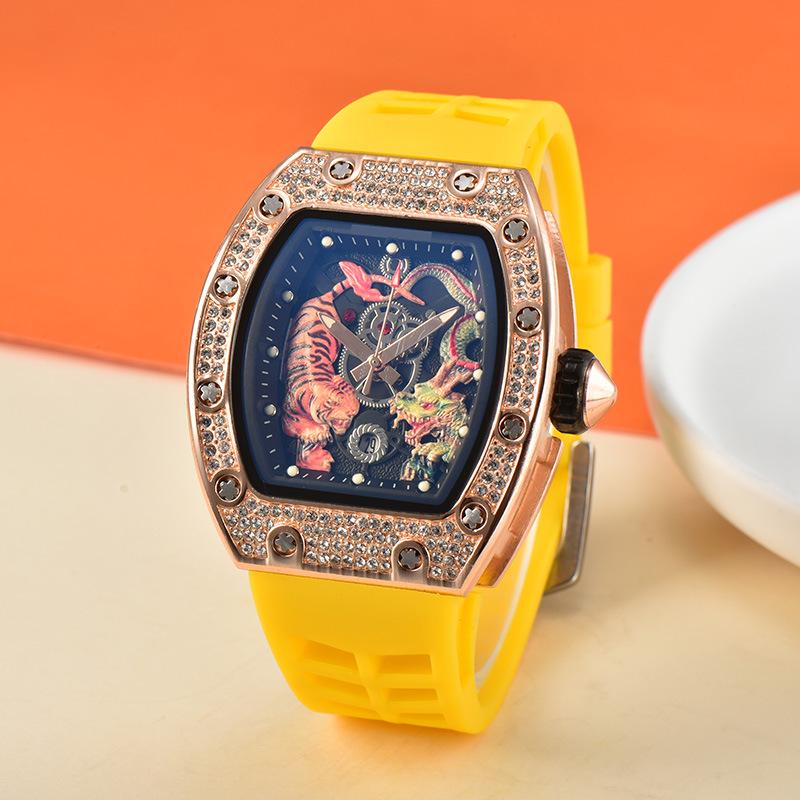 Men's Trendy Barrel-Shaped Full Diamond Quartz Watch with Calendar