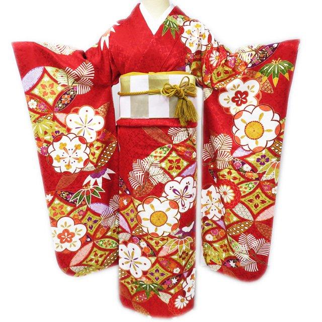 

FINAL PRICE [Used] Furisode Kimono Recycled Sash Kimono Embroidery Flower Pattern Shochiku-Plum Cloisonn Ground Pattern Red Multicolor Gold