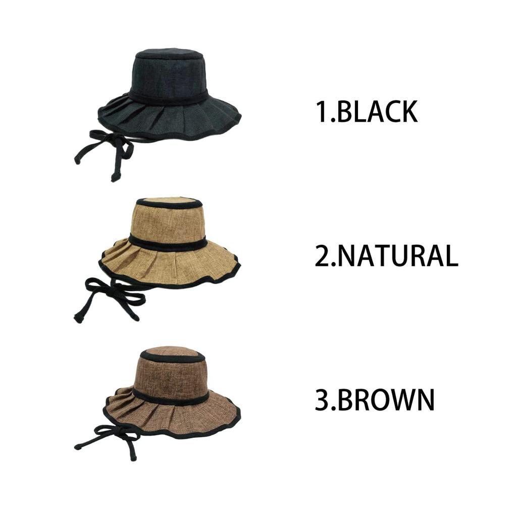 Basic Enchi Flutter Solid Hat Chin Strap Foldable Easy To Carry Sunshade Pleated Hat with Ribbon Linen Blend Natural Material Hat Antibacterial