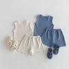 Kids 2024 Summer Korean-Style Soft Cotton Pleated Vest and Shorts Set for Boys and Girls