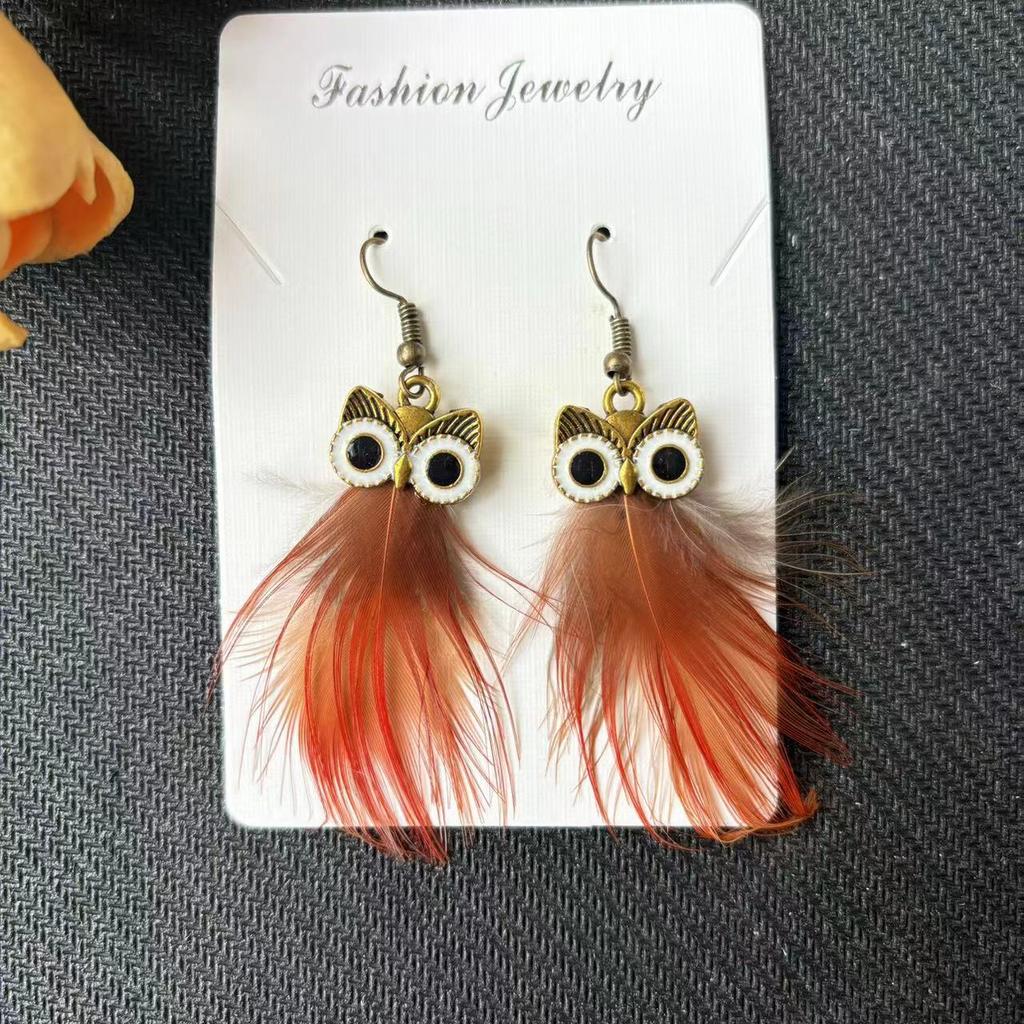 Vintage Cartoon Owl Peacock Feather Long Tassel Earrings Bohemian Ethnic Vacation Jewelry For Women