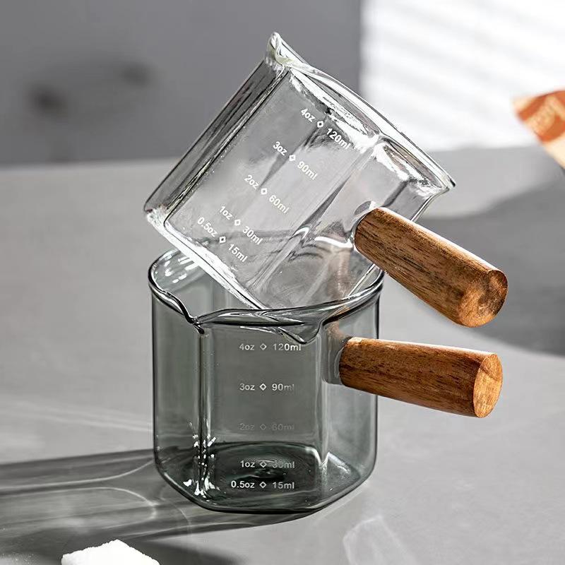 High Borosilicate Espresso Measuring Cup with Wooden Handle