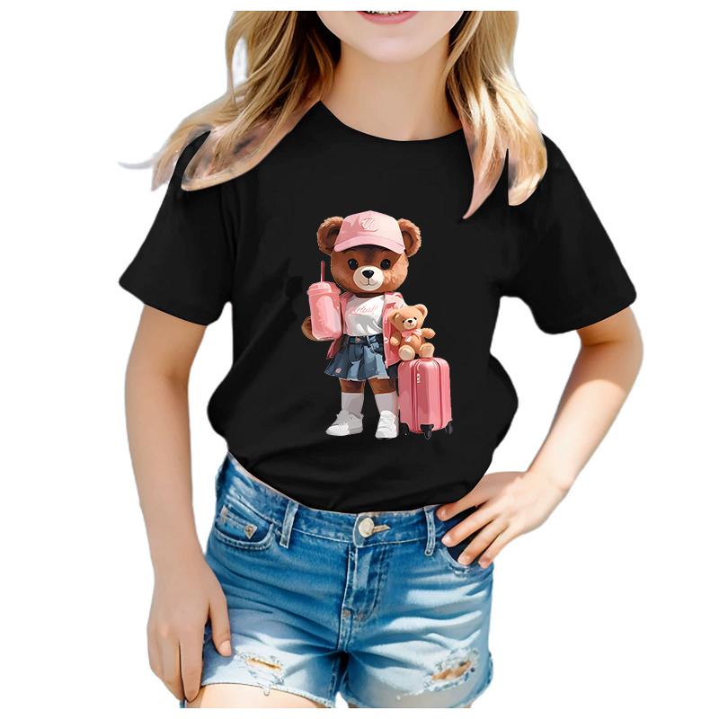 Teddy Bear Print Roundneck Shortsleeved Girls Tshirt Polyester Fabric Kids Summer Clothes Bestselling Bestseller Suitcase