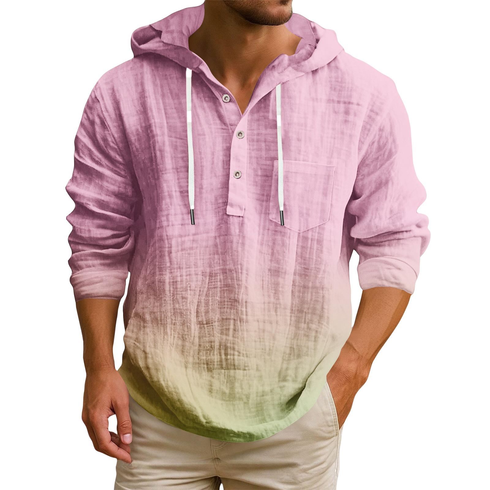 

Мужская футболка с капюшоном градиентного цвета из хлопка и льна, мужской повседневный топ с длинным рукавом XXXL розовый