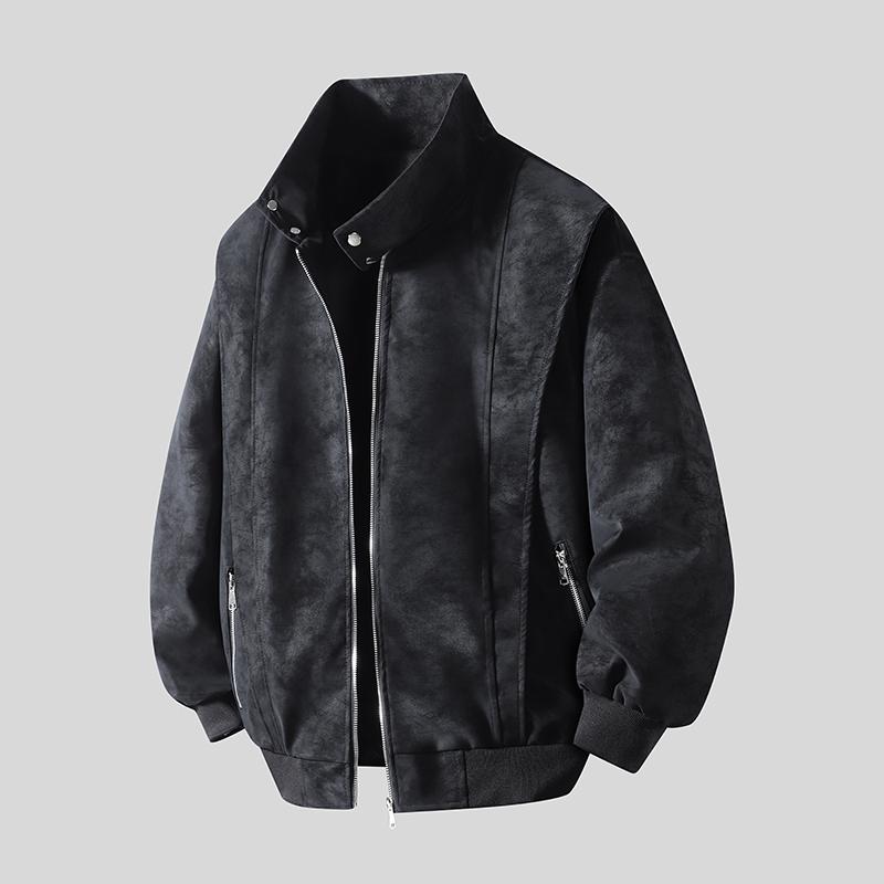 Men's Light Gray Suede Bomber Jacket, Stand Collar Casual Coat with Zipper Pockets, Retro Streetwear Style for Daily Wear